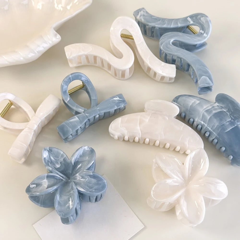 Blue White Flower Bow Hair Claw